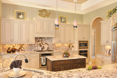Bianco Antico Granite Full High Backsplash, Bianco Antico Granite Countertop and Bianco Antico Granite Island Top with White Kitchen Cabinets Marble Floors In Store Pickup Slabs